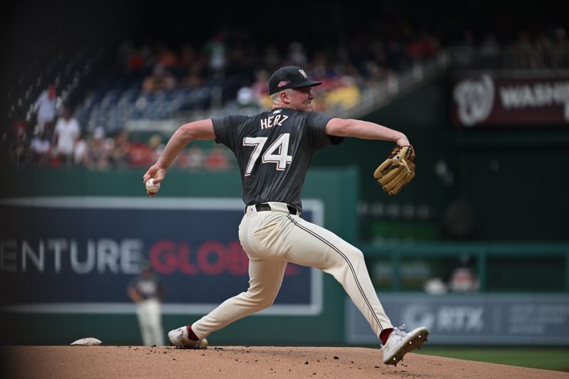 Aug 3, 2024; Washington, District of Columbia, USA; Washington Nationals starting pitcher DJ Herz (74) throws a pitch against the Milwaukee Brewers during the first inning at Nationals Park. Mandatory Credit: Rafael Suanes-USA TODAY Sports