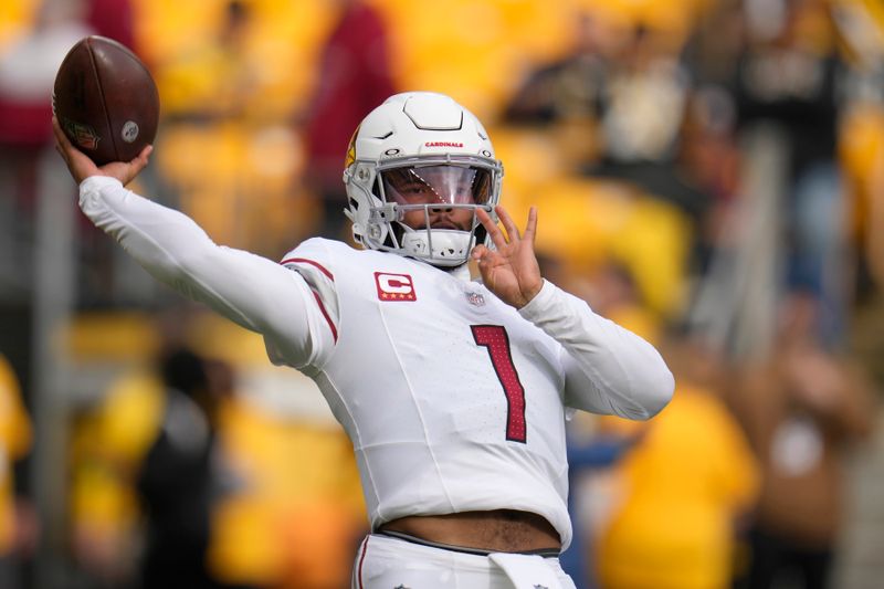 Arizona Cardinals quarterback Kyler Murray warms up prior to an NFL football game against the Pittsburgh Steelers Sunday, Dec. 3, 2023, in Pittsburgh. (AP Photo/Gene J. Puskar)