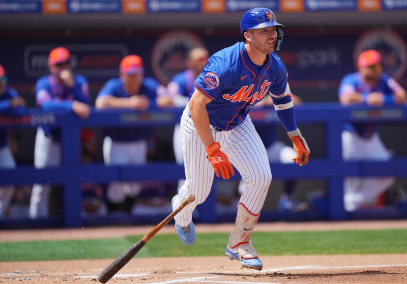 Mar 24, 2024; Port St. Lucie, Florida, USA;  New York Mets first baseman Pete Alonso (20) hits a single in the first inning against the Washington Nationals at Clover Park. Mandatory Credit: Jim Rassol-USA TODAY Sports