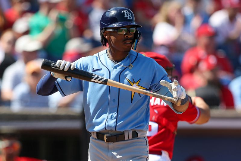 Mar 7, 2023; Clearwater, Florida, USA;  Tampa Bay Rays shortstop Greg Jones (70) strikes out against the Philadelphia Phillies in the fourth inning during spring training at BayCare Ballpark. Mandatory Credit: Nathan Ray Seebeck-USA TODAY Sports