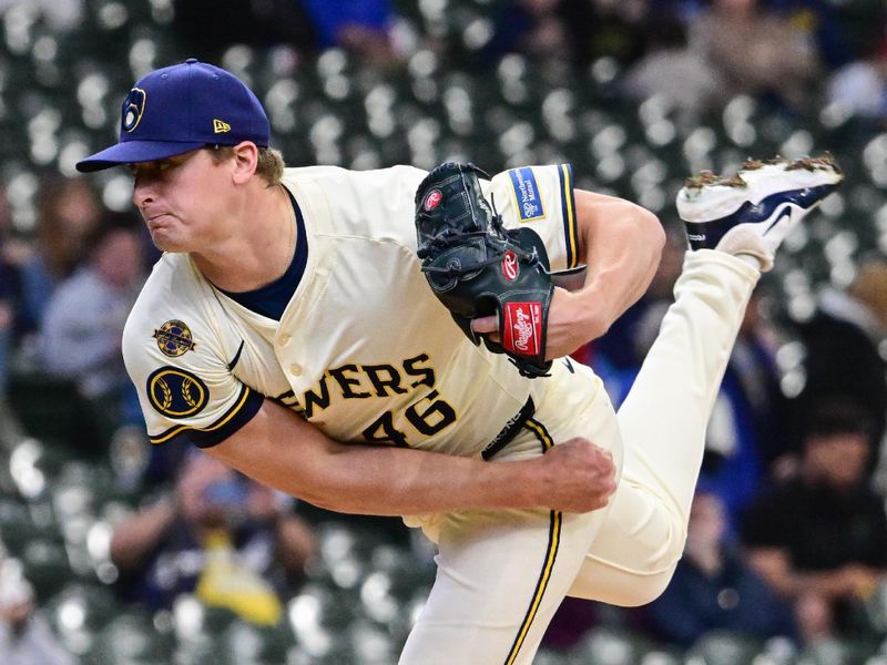 May 7, 2025; Milwaukee, Wisconsin, USA; Milwaukee Brewers starting pitcher Quinn Priester (46) throws a pitch in the first inning against the Houston Astros at American Family Field. Mandatory Credit: Benny Sieu-Imagn Images