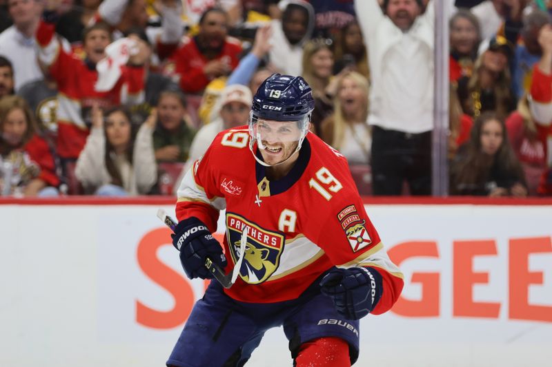 May 6, 2024; Sunrise, Florida, USA; Florida Panthers left wing Matthew Tkachuk (19) reacts after scoring against the Boston Bruins during the second period in game one of the second round of the 2024 Stanley Cup Playoffs at Amerant Bank Arena. Mandatory Credit: Sam Navarro-USA TODAY Sports