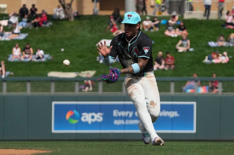 Feb 27, 2024; Salt River Pima-Maricopa, Arizona, USA; Arizona Diamondbacks second baseman Ketel Marte (4) makes the play for an out against the Texas Rangers during the third inning at Salt River Fields at Talking Stick. Mandatory Credit: Rick Scuteri-USA TODAY Sports