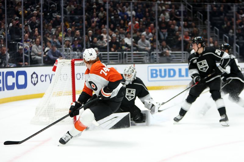 Nov 11, 2023; Los Angeles, California, USA;  Philadelphia Flyers right wing Owen Tippett (74) reacts after scoring a goal against  Los Angeles Kings goaltender Cam Talbot (39) during the first period at Crypto.com Arena. Mandatory Credit: Kiyoshi Mio-USA TODAY Sports