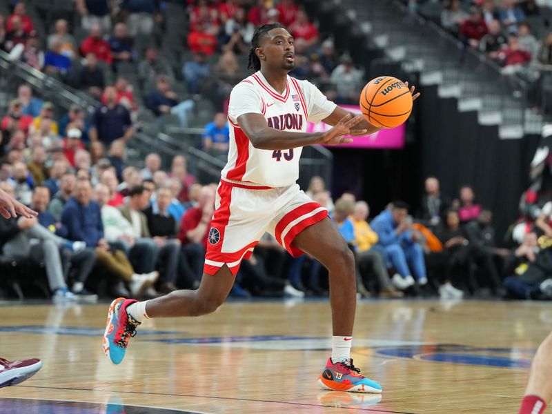 Mar 9, 2023; Las Vegas, NV, USA; Arizona Wildcats guard Cedric Henderson Jr. (45) plays against the Stanford Cardinal during the second half at T-Mobile Arena. Mandatory Credit: Stephen R. Sylvanie-USA TODAY Sports