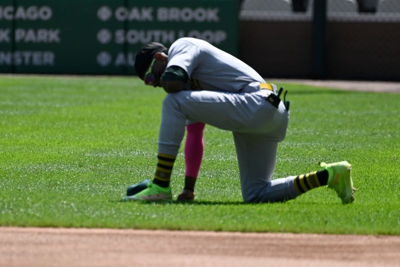 Aug 27, 2023; Chicago, Illinois, USA;  Oakland Athletics center fielder Esteury Ruiz (1) pauses before the game against the Chicago White Sox at Guaranteed Rate Field. Mandatory Credit: Matt Marton-USA TODAY Sports