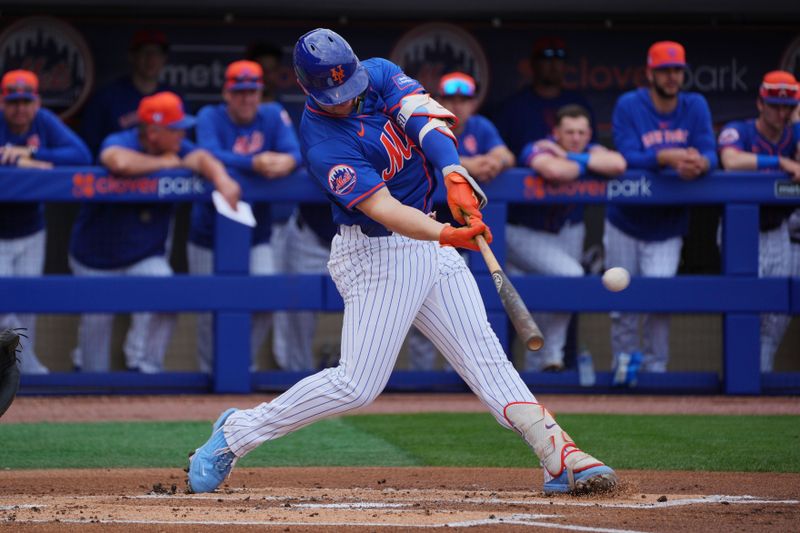 Mar 10, 2024; Port St. Lucie, Florida, USA;  New York Mets first baseman Pete Alonso (20) hits a double in the first inning against the Detroit Tigers at Clover Park. Mandatory Credit: Jim Rassol-USA TODAY Sports