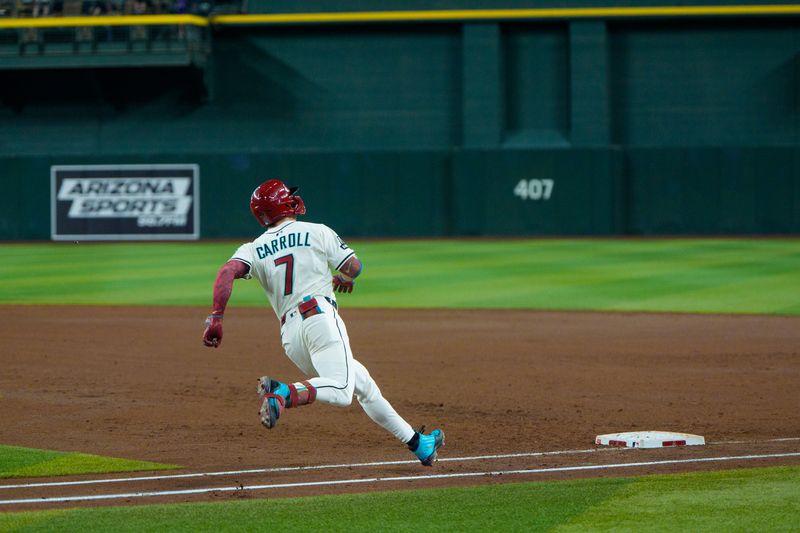 Apr 13, 2025; Phoenix, Arizona, USA;  Arizona Diamondbacks outfielder Corbin Carroll (7) rounds first base after a double in the third inning against the Milwaukee Brewers at Chase Field. Mandatory Credit: Allan Henry-Imagn Images
