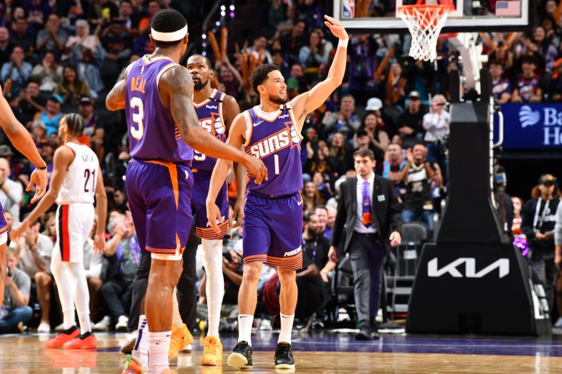 PHOENIX, AZ - NOVEMBER 2: Devin Booker #1 of the Phoenix Suns celebrates during the game against the Portland Trail Blazers on November 2, 2024 at Footprint Center in Phoenix, Arizona. NOTE TO USER: User expressly acknowledges and agrees that, by downloading and or using this photograph, user is consenting to the terms and conditions of the Getty Images License Agreement. Mandatory Copyright Notice: Copyright 2024 NBAE (Photo by Barry Gossage/NBAE via Getty Images)