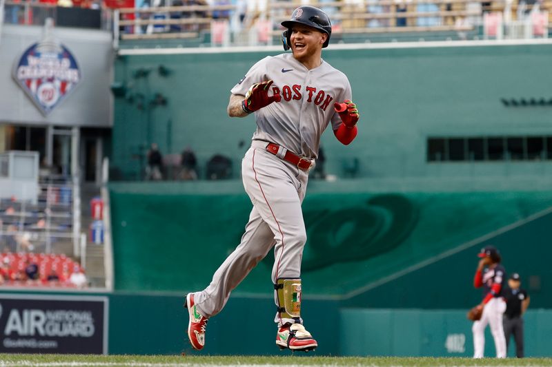 Aug 15, 2023; Washington, District of Columbia, USA; Boston Red Sox right fielder Alex Verdugo (99) gestures to the dugout while rounding the bases after hitting a home run against the Washington Nationals during the first inning at Nationals Park. Mandatory Credit: Geoff Burke-USA TODAY Sports