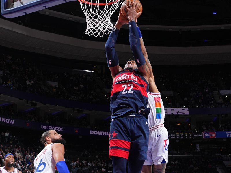 PHILADELPHIA, PA - JANUARY 8: Richaun Holmes #22 of the Washington Wizards drives to the basket during the game against the Philadelphia 76ers on January 8, 2025 at the Wells Fargo Center in Philadelphia, Pennsylvania NOTE TO USER: User expressly acknowledges and agrees that, by downloading and/or using this Photograph, user is consenting to the terms and conditions of the Getty Images License Agreement. Mandatory Copyright Notice: Copyright 2025 NBAE (Photo by Jesse D. Garrabrant/NBAE via Getty Images)