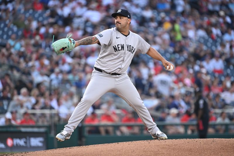 Aug 26, 2024; Washington, District of Columbia, USA; New York Yankees starting pitcher Nestor Cortes (65) throws a pitch against the Washington Nationals during the first inning at Nationals Park. Mandatory Credit: Rafael Suanes-USA TODAY Sports