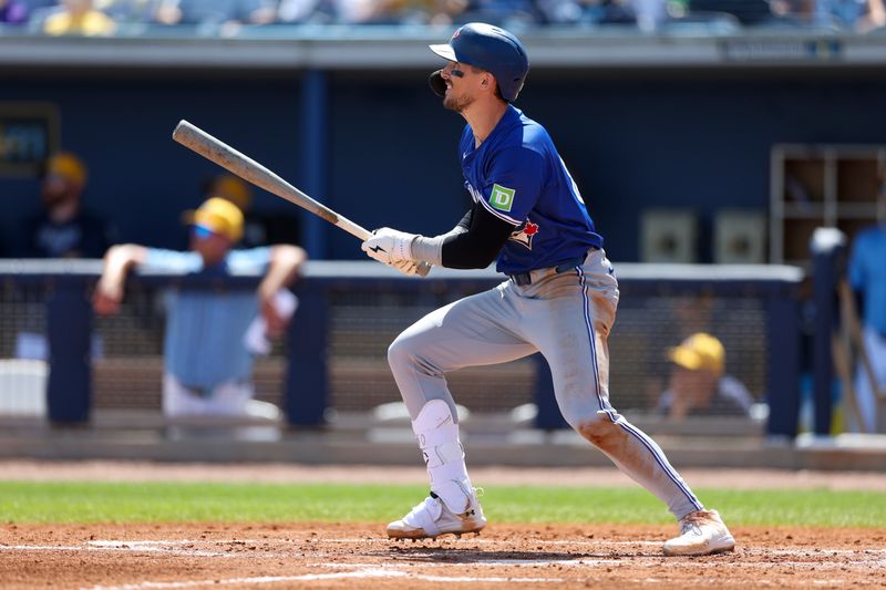 Mar 11, 2024; Port Charlotte, Florida, USA;  Toronto Blue Jays second baseman Cavan Biggio (8) doubles against the Tampa Bay Rays in the second inning at Charlotte Sports Park. Mandatory Credit: Nathan Ray Seebeck-USA TODAY Sports