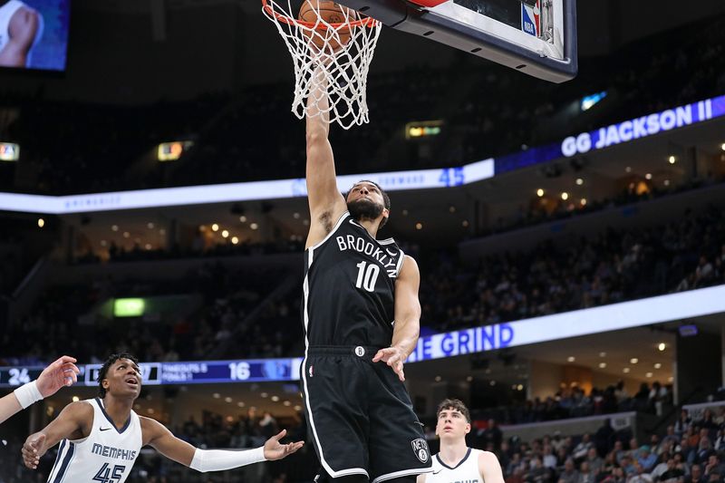 MEMPHIS, TENNESSEE - FEBRUARY 26: Ben Simmons #10 of the Brooklyn Nets dunks during the first half against the Memphis Grizzlies at FedExForum on February 26, 2024 in Memphis, Tennessee. NOTE TO USER: User expressly acknowledges and agrees that, by downloading and or using this photograph, User is consenting to the terms and conditions of the Getty Images License Agreement. (Photo by Justin Ford/Getty Images)