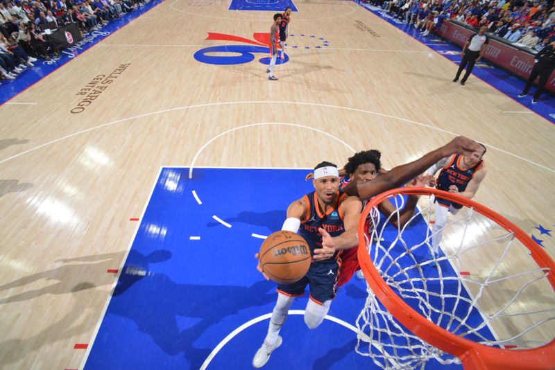 PHILADELPHIA, PA - APRIL 28: Josh Hart #3 of the New York Knicks drives to the basket during the game against the Philadelphia 76ers during Round 1 Game 4 of the 2024 NBA Playoffs on April 28, 2024 at the Wells Fargo Center in Philadelphia, Pennsylvania NOTE TO USER: User expressly acknowledges and agrees that, by downloading and/or using this Photograph, user is consenting to the terms and conditions of the Getty Images License Agreement. Mandatory Copyright Notice: Copyright 2024 NBAE (Photo by Jesse D. Garrabrant/NBAE via Getty Images)