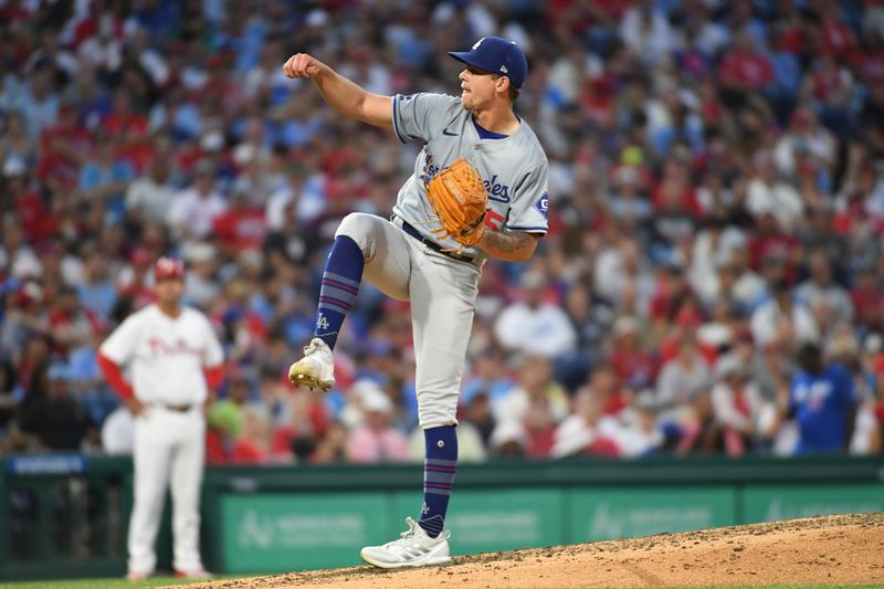 Jul 10, 2024; Philadelphia, Pennsylvania, USA; Los Angeles Dodgers pitcher Gavin Stone (35) follows through on a pitch during the fifth inning against the Philadelphia Phillies at Citizens Bank Park. Mandatory Credit: Eric Hartline-USA TODAY Sports
