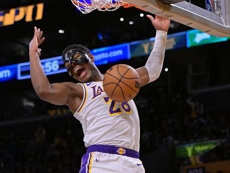 LOS ANGELES, CALIFORNIA - DECEMBER 25: Rui Hachimura #28 of the Los Angeles Lakers reacts after a dunk against the Boston Celtics at Crypto.com Arena on December 25, 2023 in Los Angeles, California. NOTE TO USER: User expressly acknowledges and agrees that, by downloading and or using this photograph, User is consenting to the terms and conditions of the Getty Images License Agreement.(Photo by Jayne Kamin-Oncea/Getty Images)