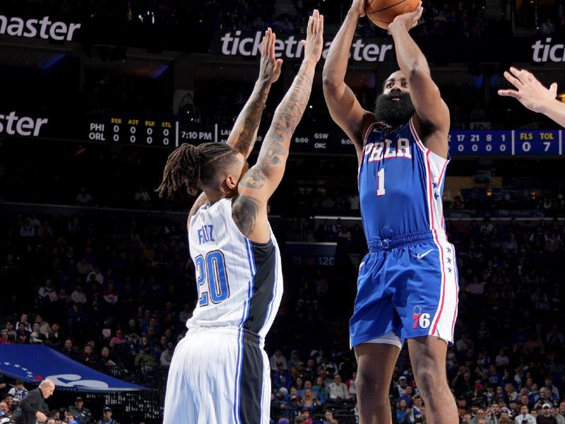 PHILADELPHIA, PA - JANUARY 30: James Harden #1 of the Philadelphia 76ers shoots the ball during the game against the Orlando Magic on January 30, 2023 at the Wells Fargo Center in Philadelphia, Pennsylvania NOTE TO USER: User expressly acknowledges and agrees that, by downloading and/or using this Photograph, user is consenting to the terms and conditions of the Getty Images License Agreement. Mandatory Copyright Notice: Copyright 2023 NBAE (Photo by Jesse D. Garrabrant/NBAE via Getty Images)