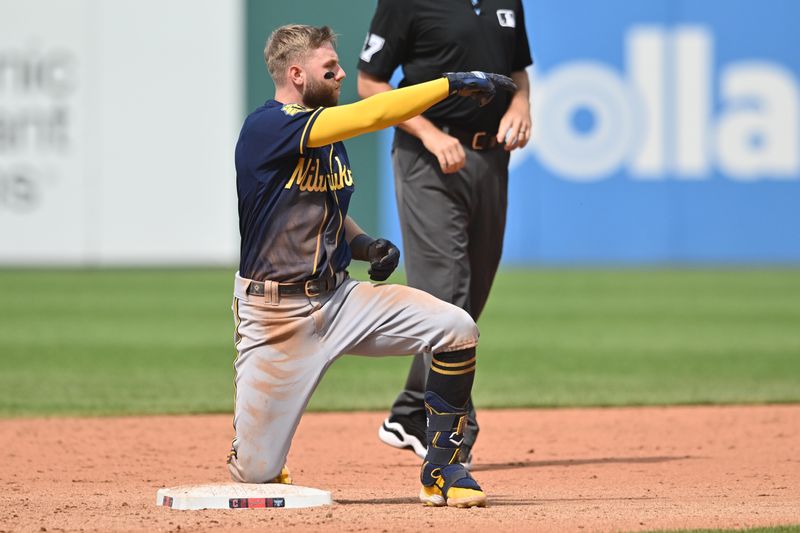 Jun 25, 2023; Cleveland, Ohio, USA; Milwaukee Brewers third baseman Owen Miller (6) celebrates after hitting an RBI double during the tenth inning against the Cleveland Guardians at Progressive Field. Mandatory Credit: Ken Blaze-USA TODAY Sports