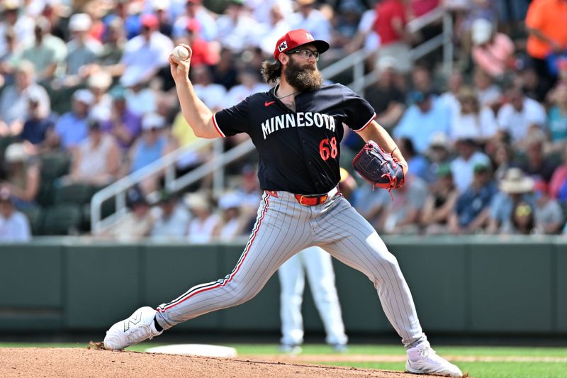 Mar 4, 2025; North Port, Florida, USA; Minnesota Twins starting pitcher Randy Dobnak (68) throws a pitch in the first inning against the Atlanta Braves  during spring training at CoolToday Park. Mandatory Credit: Jonathan Dyer-Imagn Images