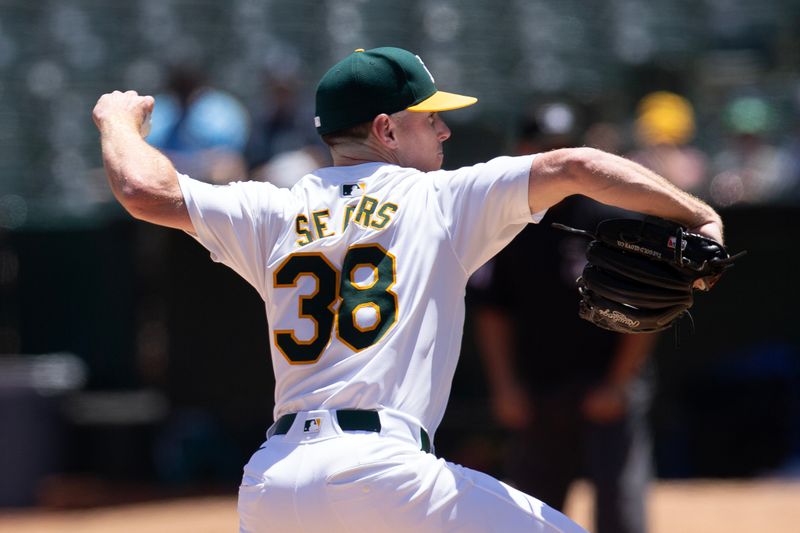 Jun 6, 2024; Oakland, California, USA; Oakland Athletics starting pitcher JP Sears (38) delivers a pitch against the Seattle Mariners during the second inning at Oakland-Alameda County Coliseum. Mandatory Credit: D. Ross Cameron-USA TODAY Sports