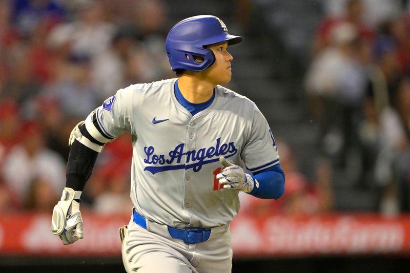 Sep 4, 2024; Anaheim, California, USA;  Los Angeles Dodgers designated hitter Shohei Ohtani (17) flies out in the third inning against the Los Angeles Angels at Angel Stadium. Mandatory Credit: Jayne Kamin-Oncea-Imagn Images