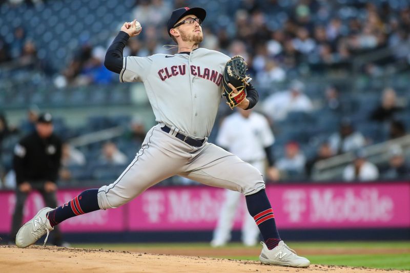 May 2, 2023; Bronx, New York, USA;  Cleveland Guardians starting pitcher Tanner Bibee (61) pitches in the first inning against the against the New York Yankees at Yankee Stadium. Mandatory Credit: Wendell Cruz-USA TODAY Sports