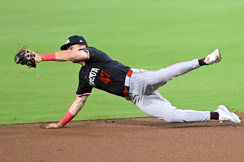 Aug 19, 2024; San Diego, California, USA; Minnesota Twins second baseman Edouard Julien (47) makes a diving catch on a ball hit by San Diego Padres catcher Kyle Higashioka (20) during the sixth inning at Petco Park. Mandatory Credit: Denis Poroy-USA TODAY Sports