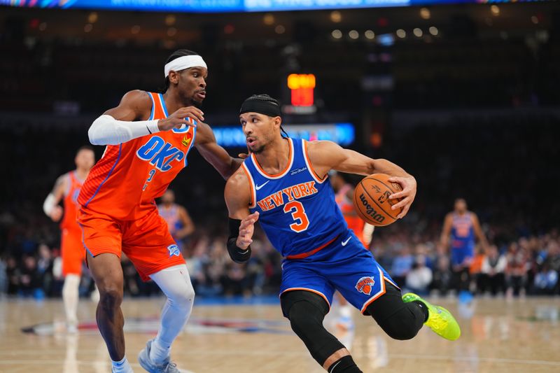 OKLAHOMA CITY, OK - JANUARY 3:  Josh Hart #3 of the New York Knicks drives to the basket during the game against the Oklahoma City Thunder on January 3, 2025 at Paycom Center in Oklahoma City, Oklahoma. NOTE TO USER: User expressly acknowledges and agrees that, by downloading and or using this photograph, User is consenting to the terms and conditions of the Getty Images License Agreement. Mandatory Copyright Notice: Copyright 2025 NBAE (Photo by Cooper Neill/NBAE via Getty Images)