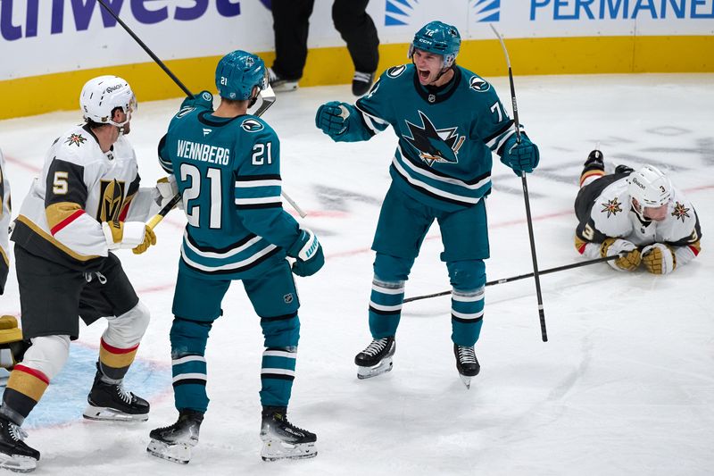 Oct 9, 2025; San Jose, California, USA; San Jose Sharks center Alexander Wennberg (21) celebrates with left wing William Eklund (72) after scoring a goal against Vegas Golden Knights goaltender Akira Schmid (40) (not pictured) during the second period at SAP Center at San Jose. Mandatory Credit: Robert Edwards-Imagn Images