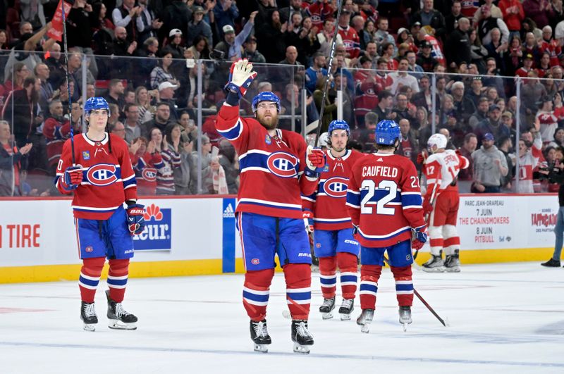 Apr 16, 2024; Montreal, Quebec, CAN; Montreal Canadiens defenseman David Savard (58) and teammates salute the crowd after a game against the Detroit Red Wings at the Bell Centre. Mandatory Credit: Eric Bolte-USA TODAY Sports