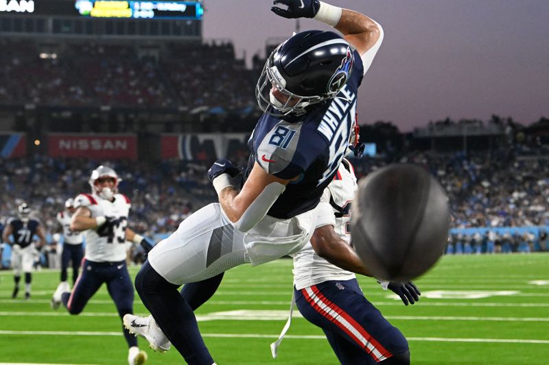 Tennessee Titans tight end Josh Whyle (81) can't reach a pass in the end zone in the first half of an NFL preseason football game against the New England Patriots Friday, Aug. 25, 2023, in Nashville, Tenn. (AP Photo/John Amis)