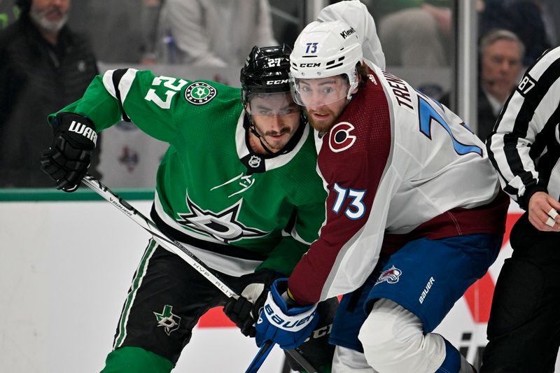 May 9, 2024; Dallas, Texas, USA; Dallas Stars left wing Mason Marchment (27) and Colorado Avalanche center Yakov Trenin (73) battle for position during the first period in game two of the second round of the 2024 Stanley Cup Playoffs at American Airlines Center. Mandatory Credit: Jerome Miron-USA TODAY Sports