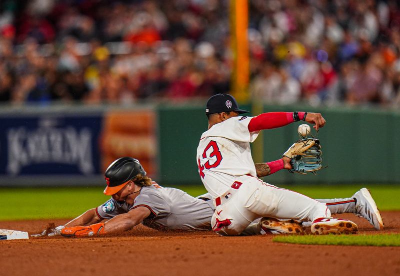 Sep 11, 2024; Boston, Massachusetts, USA; Baltimore Orioles second baseman Jackson Holliday (7) steals second base against Boston Red Sox second baseman Ceddanne Rafaela (43) in the seventh inning at Fenway Park. Mandatory Credit: David Butler II-Imagn Images