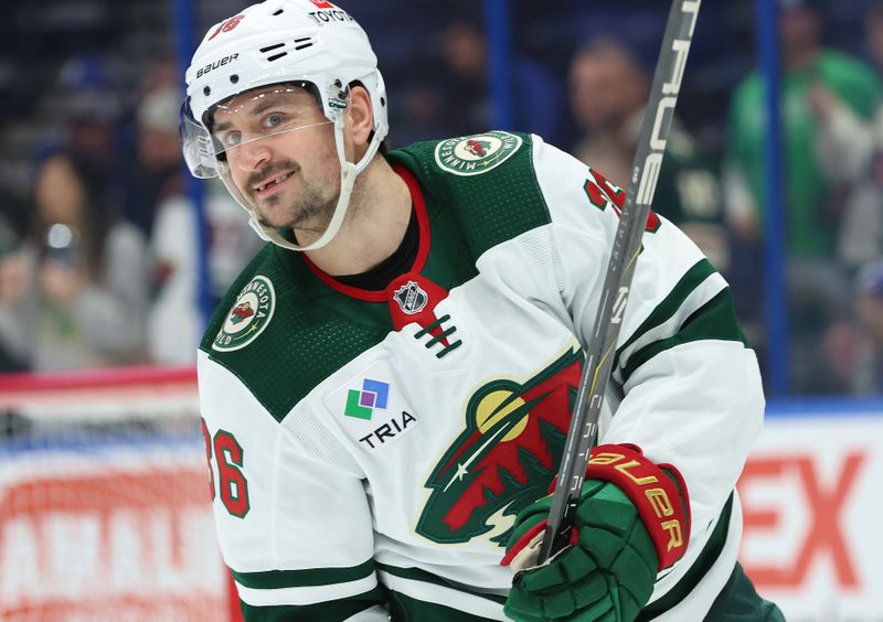 Jan 18, 2024; Tampa, Florida, USA; Minnesota Wild right wing Mats Zuccarello (36) warms up prior to a game against the Tampa Bay Lightning at Amalie Arena. Mandatory Credit: Kim Klement Neitzel-USA TODAY Sports