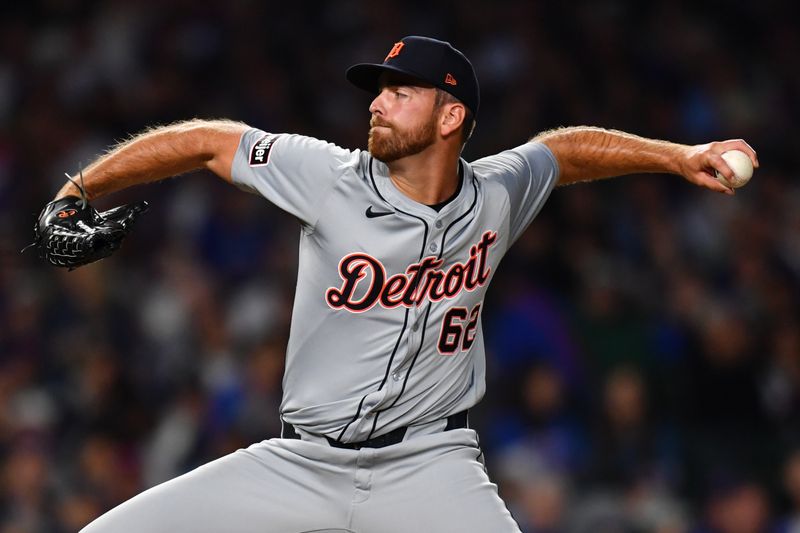 Aug 20, 2024; Chicago, Illinois, USA; Detroit Tigers relief pitcher Bryan Sammons (62) pitches during the third inning against the Chicago Cubs at Wrigley Field. Mandatory Credit: Patrick Gorski-USA TODAY Sports