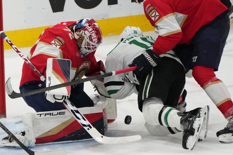 Dec 6, 2023; Sunrise, Florida, USA; Florida Panthers goaltender Sergei Bobrovsky (72) makes a save as Dallas Stars center Joe Pavelski (16) falls during the second period at Amerant Bank Arena. Mandatory Credit: Jim Rassol-USA TODAY Sports