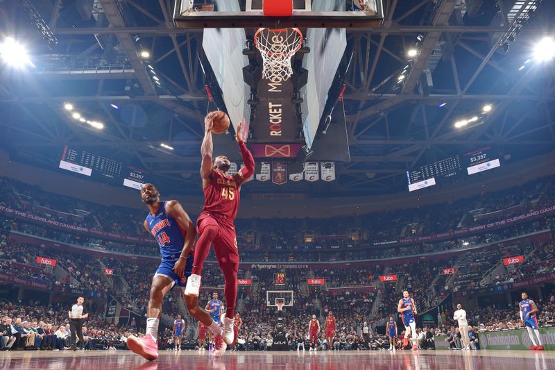 CLEVELAND, OH - JANUARY 31: Donovan Mitchell #45 of the Cleveland Cavaliers drives to the basket during the game against the Detroit Pistons on January 31, 2024 at Rocket Mortgage FieldHouse in Cleveland, Ohio. NOTE TO USER: User expressly acknowledges and agrees that, by downloading and/or using this Photograph, user is consenting to the terms and conditions of the Getty Images License Agreement. Mandatory Copyright Notice: Copyright 2024 NBAE (Photo by David Liam Kyle/NBAE via Getty Images)