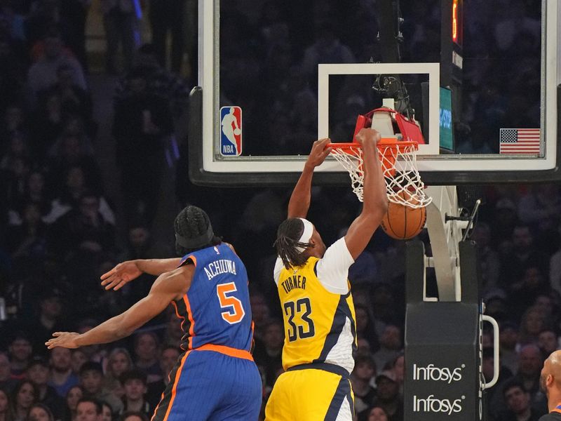 NEW YORK, NY - FEBRUARY 10 (EDITORS NOTE: Dunk sequence 3 of 3): Myles Turner #33 of the Indiana Pacers dunks the ball during the game against the New York Knicks on February 10, 2024 at Madison Square Garden in New York City, New York.  NOTE TO USER: User expressly acknowledges and agrees that, by downloading and or using this photograph, User is consenting to the terms and conditions of the Getty Images License Agreement. Mandatory Copyright Notice: Copyright 2024 NBAE  (Photo by Jesse D. Garrabrant/NBAE via Getty Images)