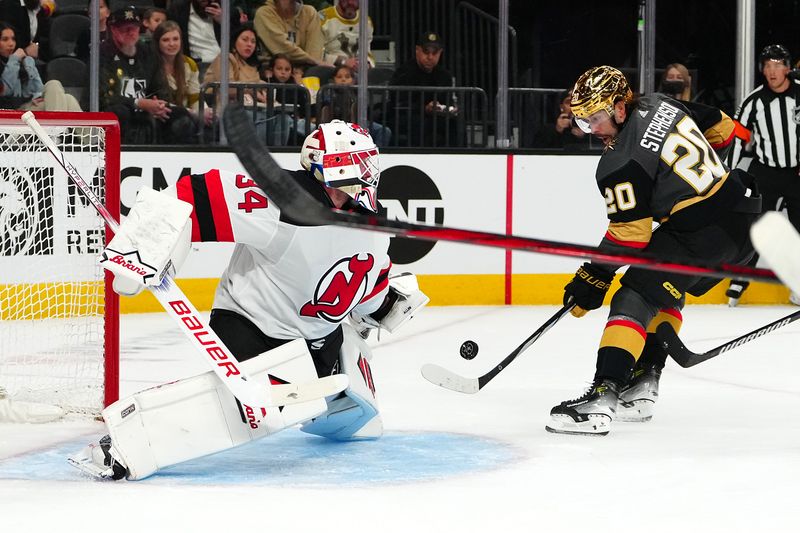 Mar 17, 2024; Las Vegas, Nevada, USA; Vegas Golden Knights center Chandler Stephenson (20) shoots against New Jersey Devils goaltender Jake Allen (34) during the first period at T-Mobile Arena. Mandatory Credit: Stephen R. Sylvanie-USA TODAY Sports