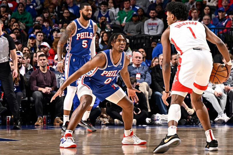 PHILADELPHIA, PA - JANUARY 15: Tyrese Maxey #0 of the Philadelphia 76ers plays defense during the game against the Houston Rockets on January 15, 2024 at the Wells Fargo Center in Philadelphia, Pennsylvania NOTE TO USER: User expressly acknowledges and agrees that, by downloading and/or using this Photograph, user is consenting to the terms and conditions of the Getty Images License Agreement. Mandatory Copyright Notice: Copyright 2024 NBAE (Photo by David Dow/NBAE via Getty Images)