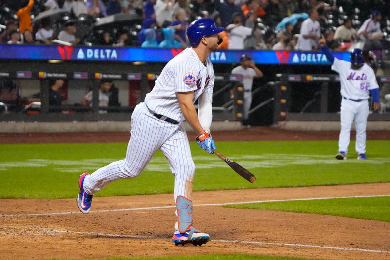 Jul 2, 2023; New York City, New York, USA; New York Mets designated hitter Pete Alonso (20) watches his two run home run against the San Francisco Giants during the eighth inning at Citi Field. Mandatory Credit: Gregory Fisher-USA TODAY Sports