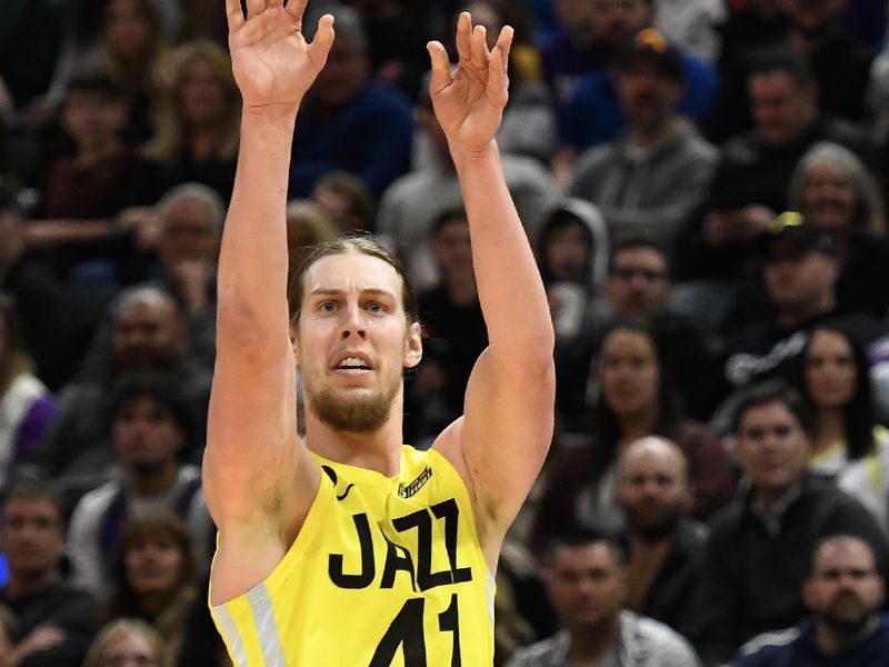 SALT LAKE CITY, UTAH - FEBRUARY 03: Kelly Olynyk #41 of the Utah Jazz shoots during the first half of a game against the Atlanta Hawks at Vivint Arena on February 03, 2023 in Salt Lake City, Utah.  NOTE TO USER: User expressly acknowledges and agrees that, by downloading and or using this photograph, User is consenting to the terms and conditions of the Getty Images License Agreement. (Photo by Alex Goodlett/Getty Images)