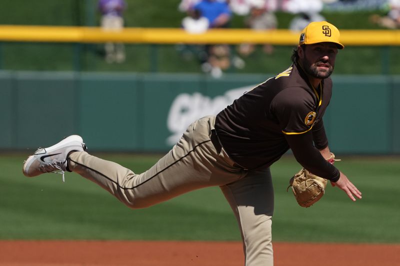 Mar 4, 2025; Mesa, Arizona, USA; San Diego Padres pitcher Matt Waldron (61) throws against the Chicago Cubs in the first inning at Sloan Park. Mandatory Credit: Rick Scuteri-Imagn Images