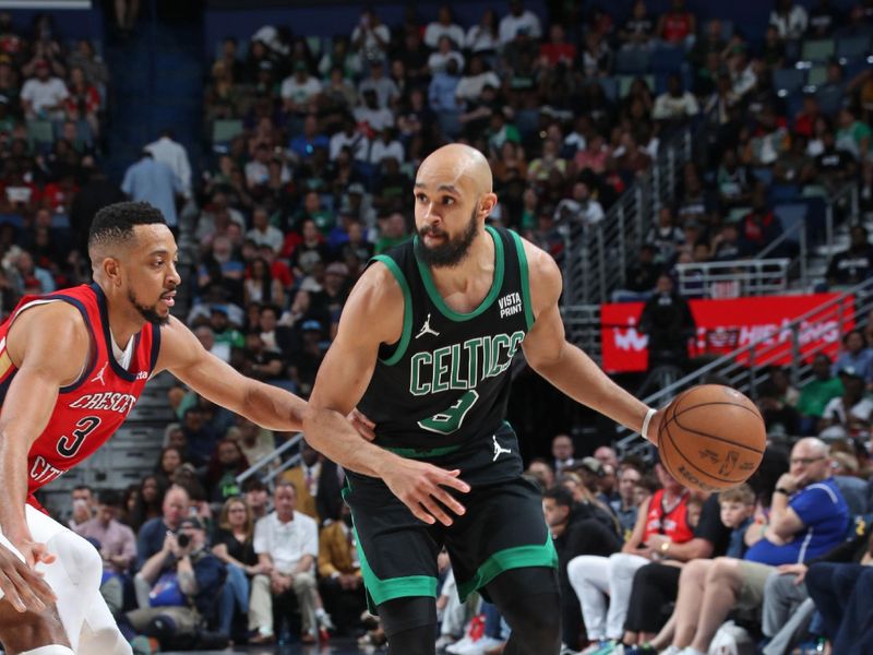 NEW ORLEANS, LA - MARCH 30: Derrick White #9 of the Boston Celtics handles the ball during the game against the New Orleans Pelicans on March 30, 2024 at the Smoothie King Center in New Orleans, Louisiana. NOTE TO USER: User expressly acknowledges and agrees that, by downloading and or using this Photograph, user is consenting to the terms and conditions of the Getty Images License Agreement. Mandatory Copyright Notice: Copyright 2024 NBAE (Photo by Layne Murdoch Jr./NBAE via Getty Images)