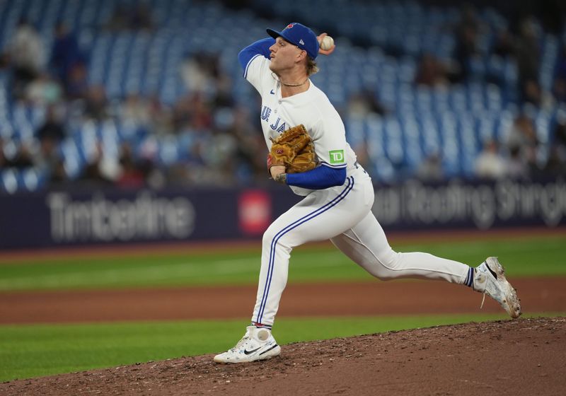 Sep 13, 2023; Toronto, Ontario, CAN; Toronto Blue Jays relief pitcher Bowden Francis (44) throws a pitch against the Texas Rangers during the sixth inning at Rogers Centre. Mandatory Credit: Nick Turchiaro-USA TODAY Sports