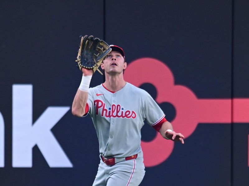 May 10, 2025; Cleveland, Ohio, USA; Philadelphia Phillies left fielder Max Kepler (17) catches a ball hit by Cleveland Guardians left fielder Steven Kwan (not pictured) during the third inning at Progressive Field. Mandatory Credit: Ken Blaze-Imagn Images