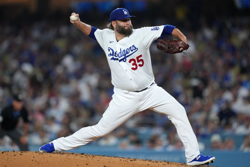 Aug 31, 2023; Los Angeles, California, USA; Los Angeles Dodgers starting pitcher Lance Lynn (35) throws in the second inning against the Atlanta Braves at Dodger Stadium. Mandatory Credit: Kirby Lee-USA TODAY Sports