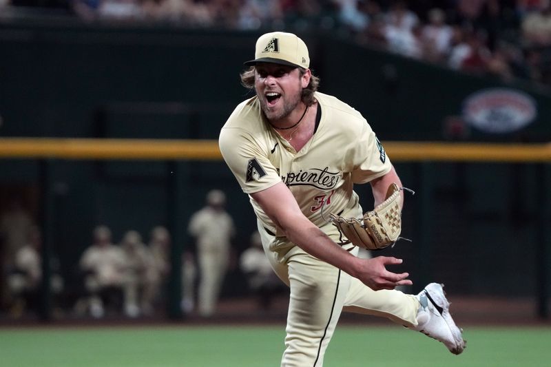 Sep 10, 2024; Phoenix, Arizona, USA; Arizona Diamondbacks pitcher Kevin Ginkel (37) throws against the Texas Rangers in the sixth inning at Chase Field. Mandatory Credit: Rick Scuteri-Imagn Images