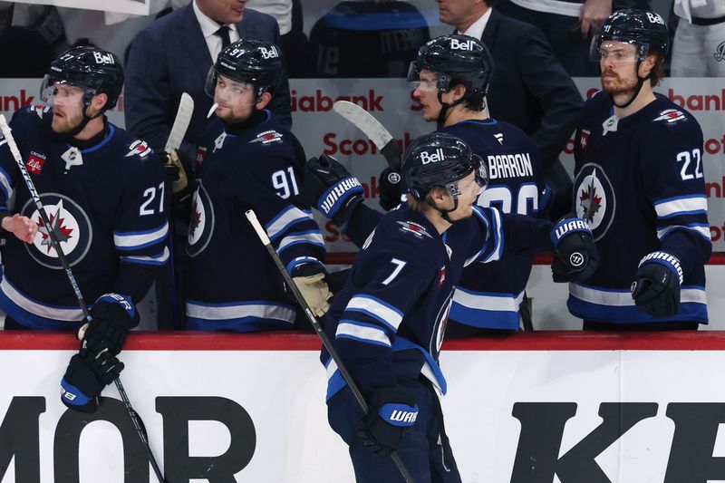 May 4, 2025; Winnipeg, Manitoba, CAN; Winnipeg Jets center Vladislav Namestnikov (7) celebrates after his goal against the St. Louis Blues in the third period in game seven of the first round of the 2025 Stanley Cup Playoffs at Canada Life Centre. Mandatory Credit: James Carey Lauder-Imagn Images